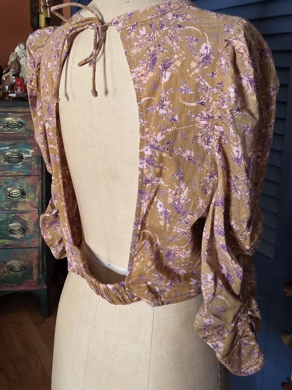 Free People Monica Puff Sleeve Crop Top Floral Gold Leaf L